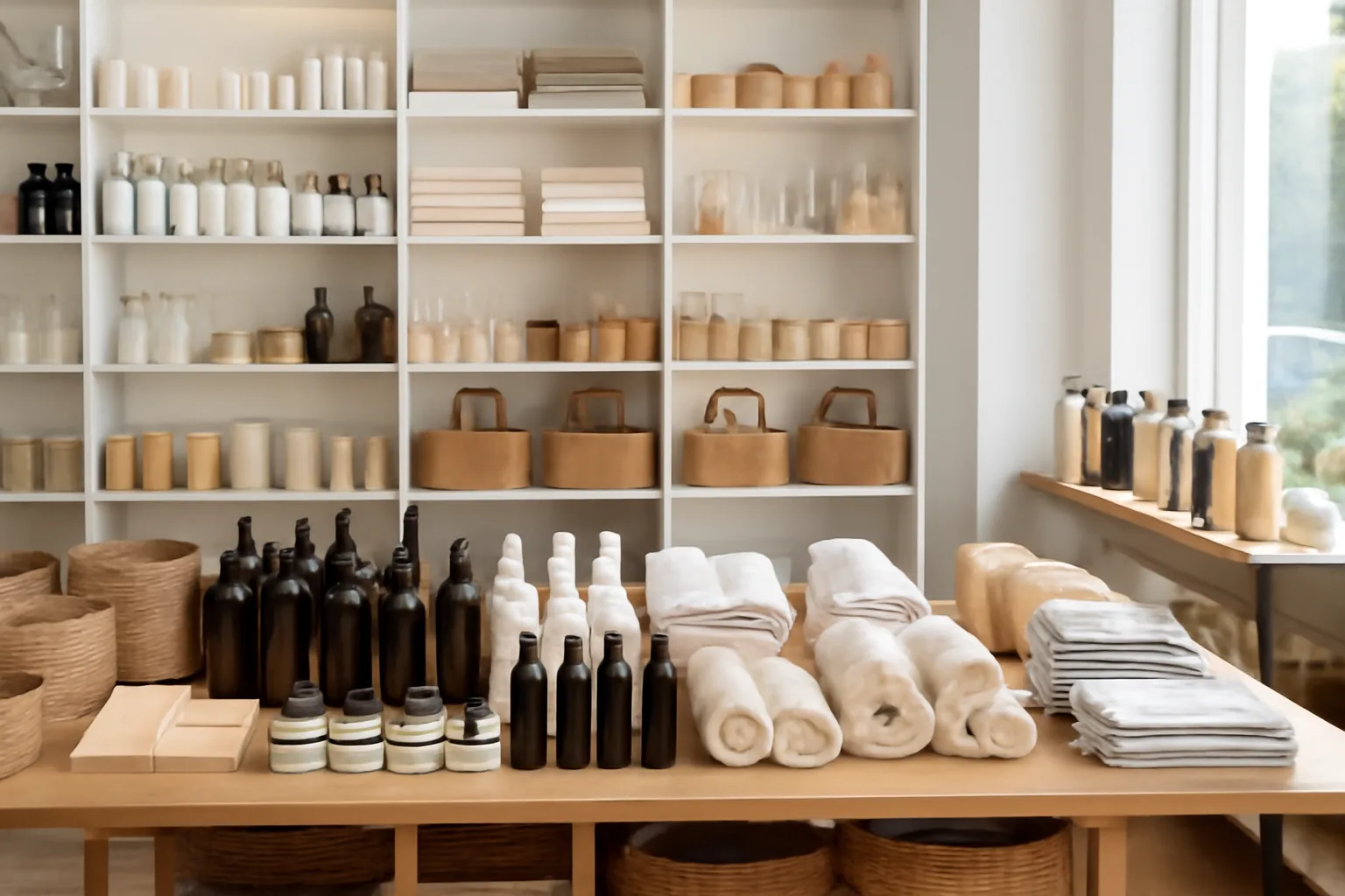 real photo of neatly arranged assorted retail products