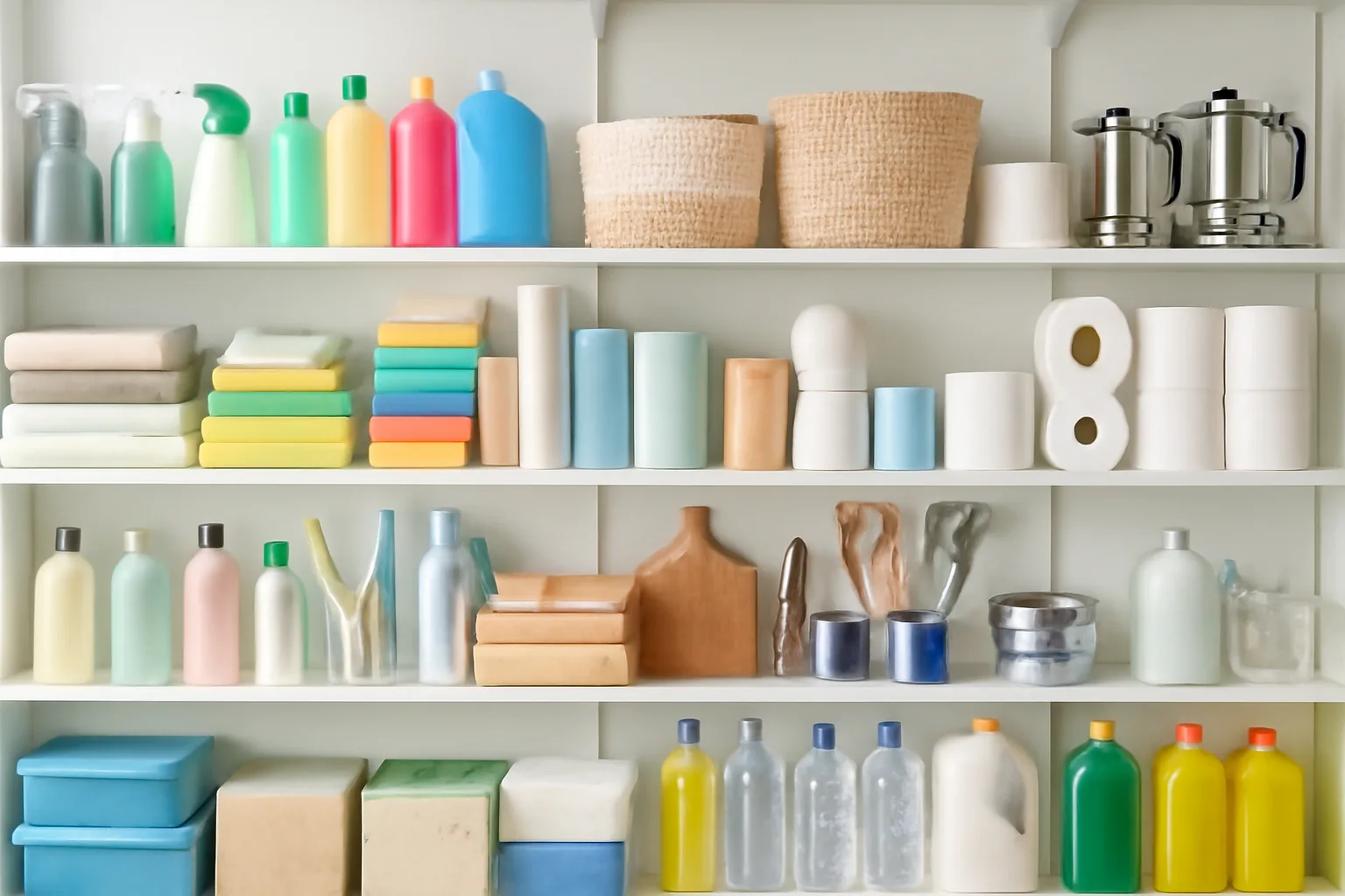 Bright, professional retail display of assorted household and