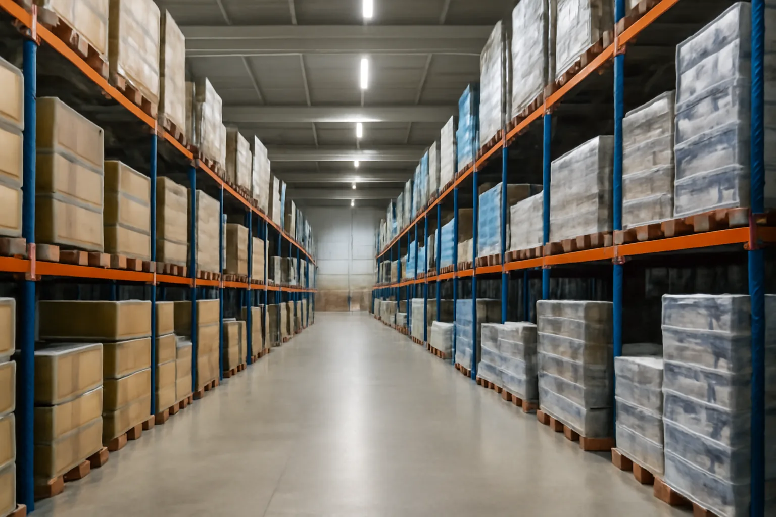 modern wholesale trading warehouse interior with neatly stacked